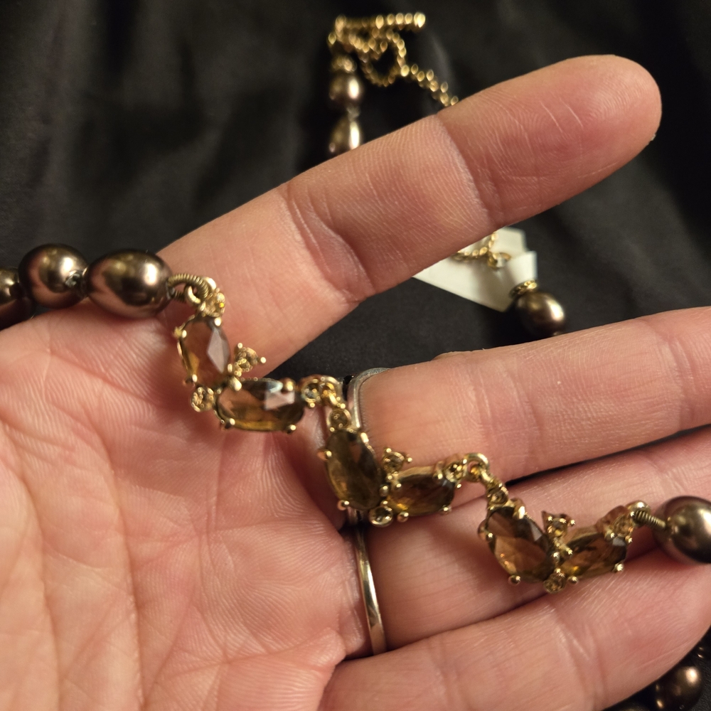⭐ Vintage Monet Gunmetal Bead & Purple Crystal Necklace — Collar Length — Signed - Picture 9 of 13